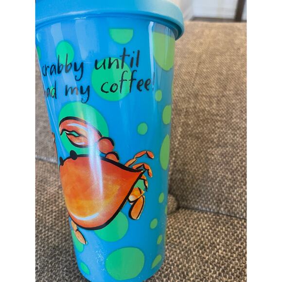 CAPE SHORE new travel mug plastic printed front Crabby patty coffee 8" tall blue - Picture 7 of 9